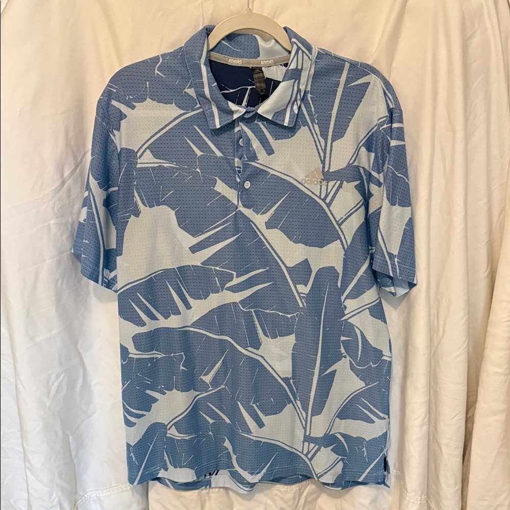 Adidas Blue Leaf Pattern Polo Shirt